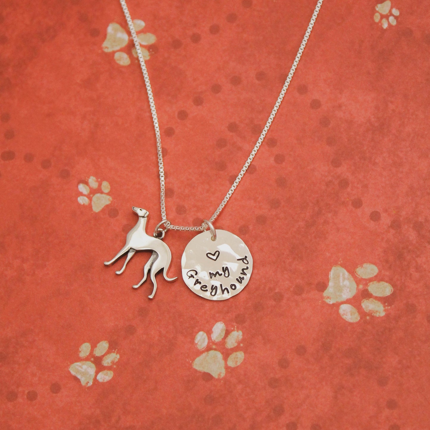 LOVE my Greyhound Necklace, Sterling Silver Greyhound Dog Necklace, Greyhound Lover Gift, New Pet Gift, Greyhound Jewelry, Hand Stamped Dog