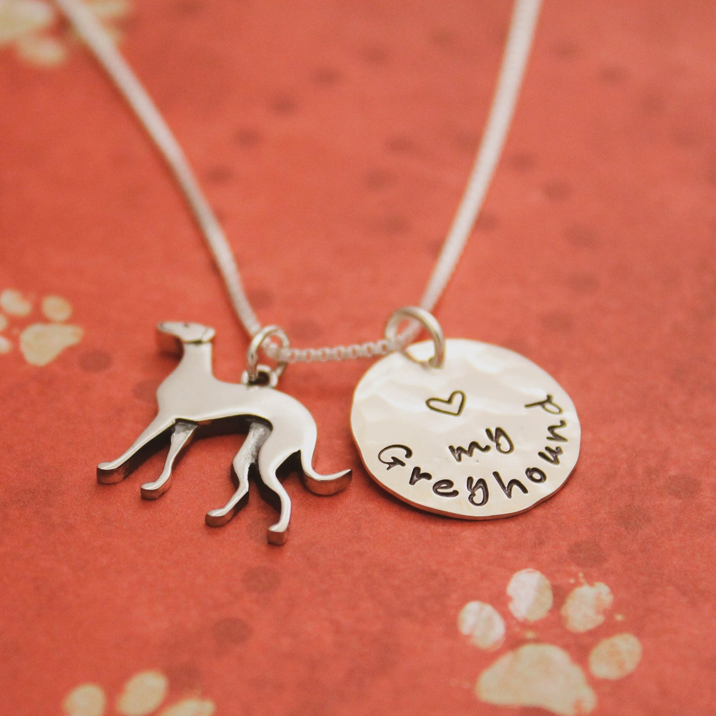 LOVE my Greyhound Necklace, Sterling Silver Greyhound Dog Necklace, Greyhound Lover Gift, New Pet Gift, Greyhound Jewelry, Hand Stamped Dog