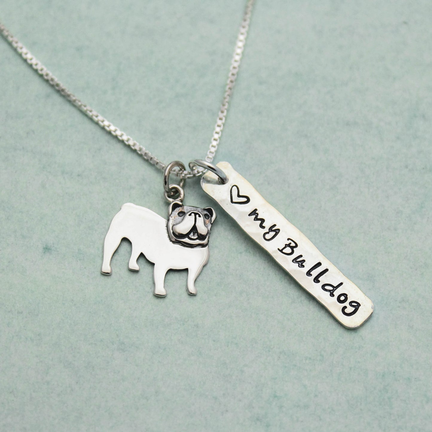 LOVE my Bulldog Necklace, Sterling Silver English Bulldog Necklace, Bulldog Lover Gift, Bulldog Dog Jewelry, English Bulldog Gift for Her