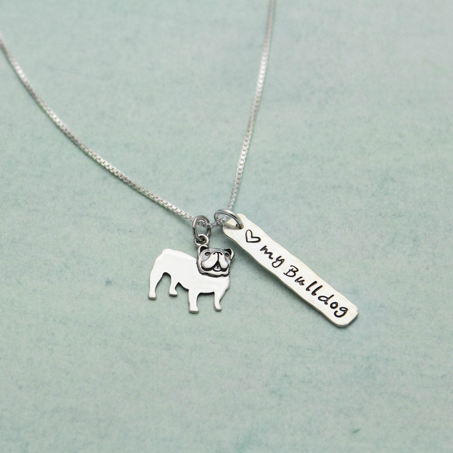 LOVE my Bulldog Necklace, Sterling Silver English Bulldog Necklace, Bulldog Lover Gift, Bulldog Dog Jewelry, English Bulldog Gift for Her