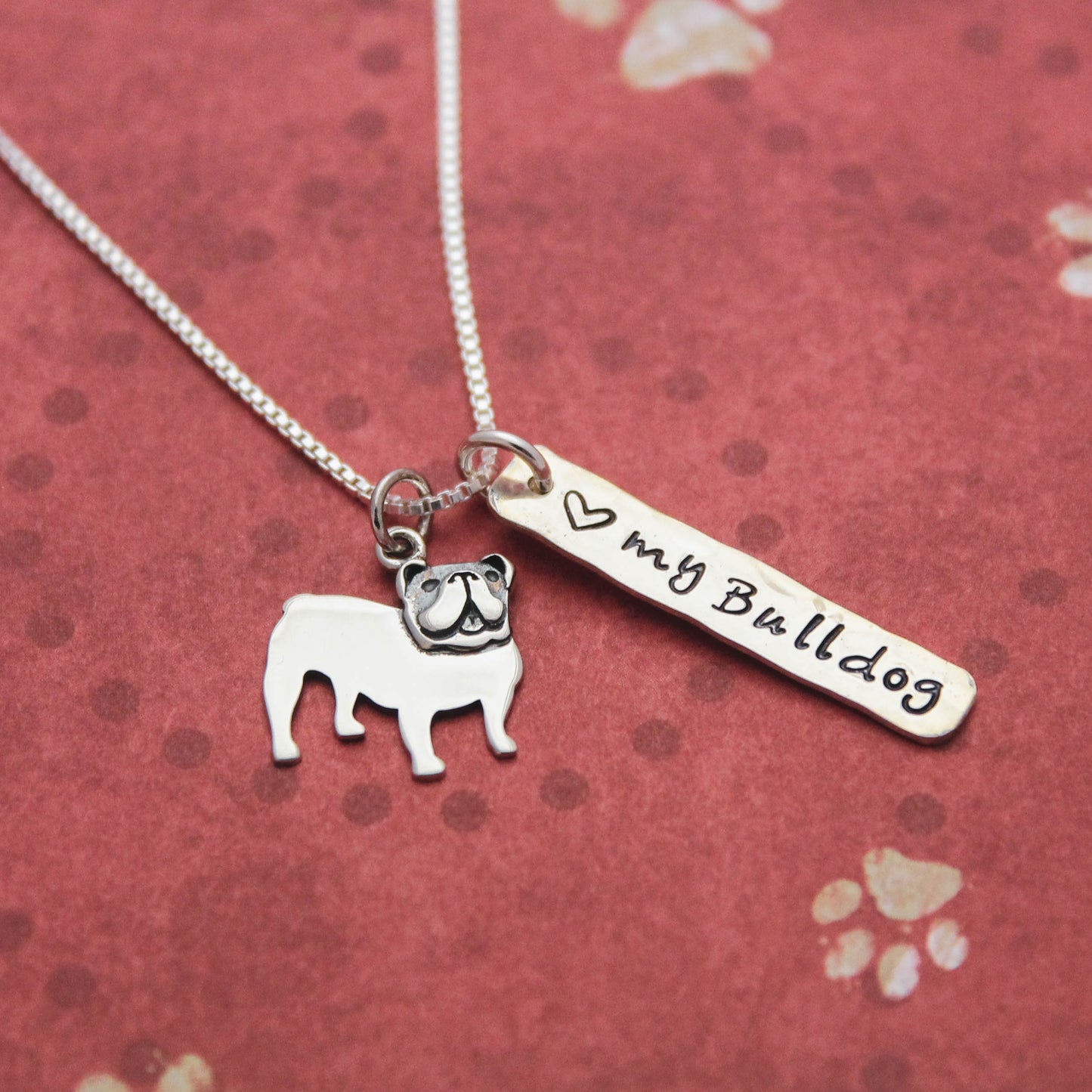 LOVE my Bulldog Necklace, Sterling Silver English Bulldog Necklace, Bulldog Lover Gift, Bulldog Dog Jewelry, English Bulldog Gift for Her