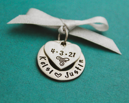 Personalized Wedding Bouquet Charm in Pewter Hand Stamped Jewelry