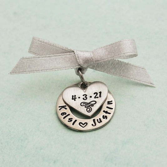 Personalized Wedding Bouquet Charm in Pewter Hand Stamped Jewelry