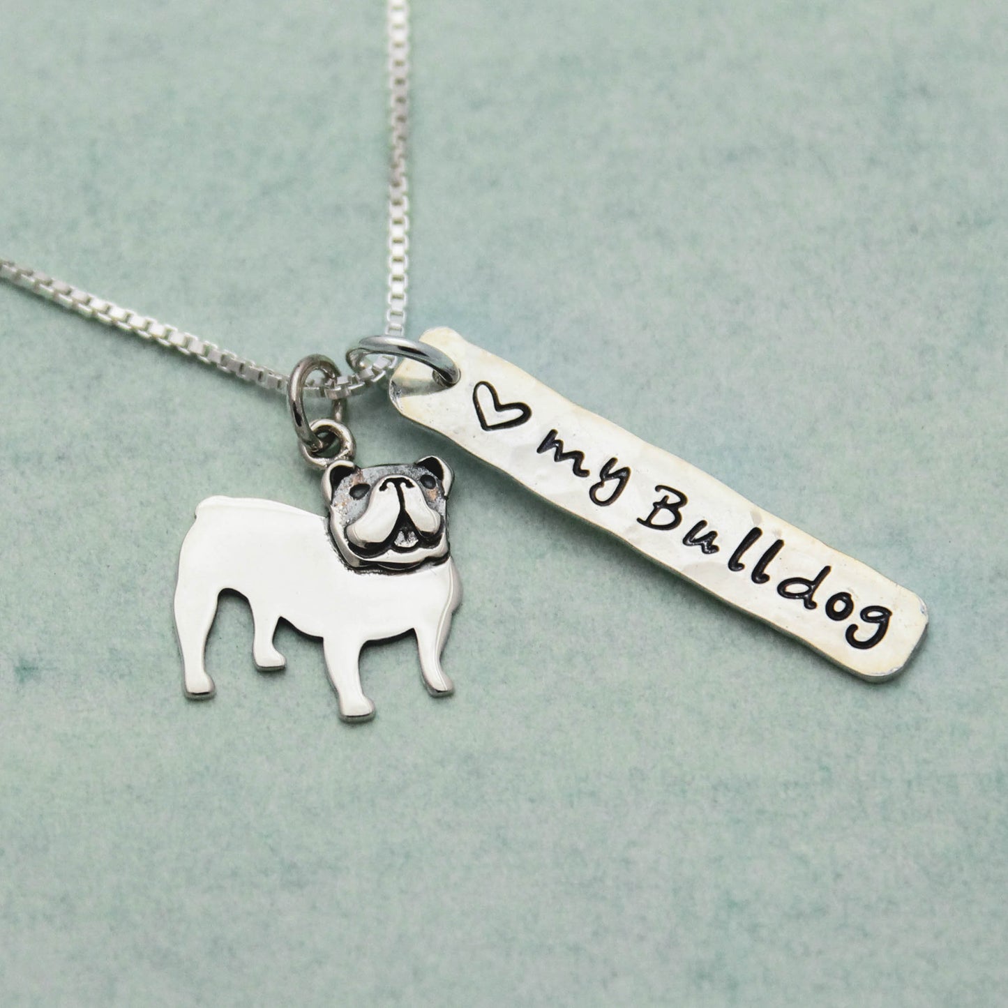 LOVE my Bulldog Necklace, Sterling Silver English Bulldog Necklace, Bulldog Lover Gift, Bulldog Dog Jewelry, English Bulldog Gift for Her