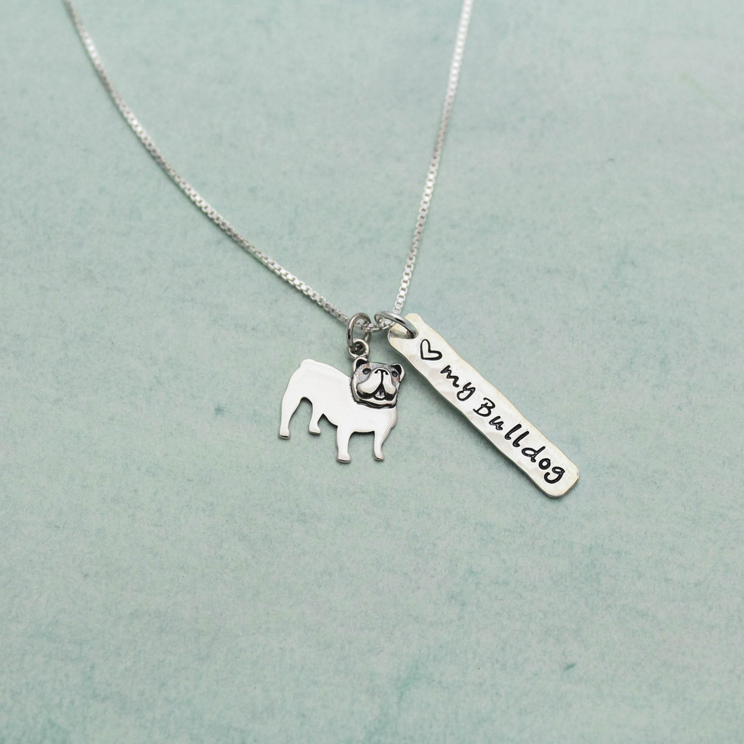 LOVE my Bulldog Necklace, Sterling Silver English Bulldog Necklace, Bulldog Lover Gift, Bulldog Dog Jewelry, English Bulldog Gift for Her