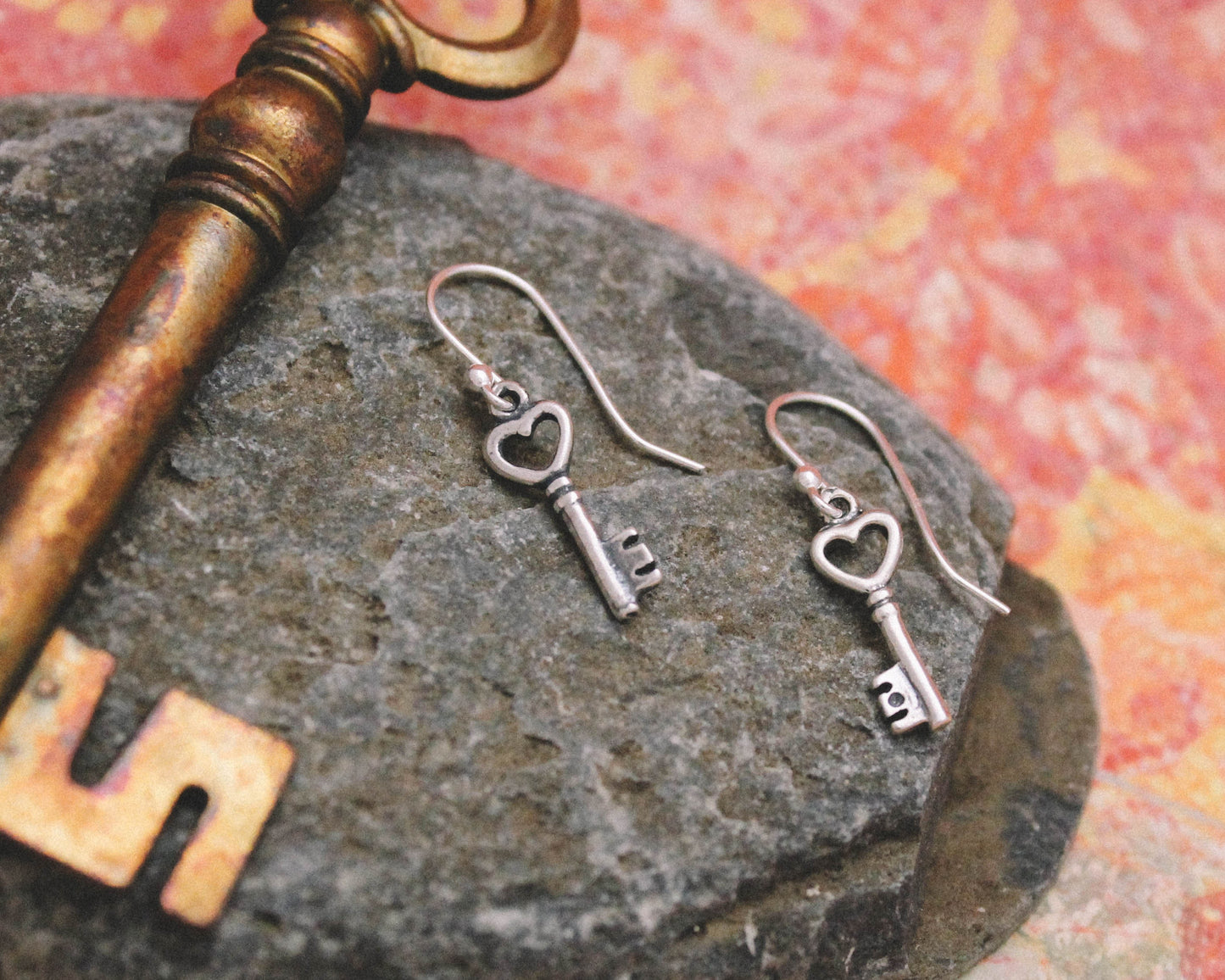 Cute Heart Key Earrings, Sterling Silver Key Heart Earrings, Valentine's Day Gift, Key Jewelry, Gifts for Her, Dainty Silver Earrings, Keys