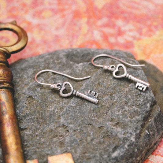 Cute Heart Key Earrings, Sterling Silver Key Heart Earrings, Valentine's Day Gift, Key Jewelry, Gifts for Her, Dainty Silver Earrings, Keys