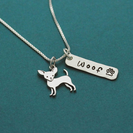 Chihuahua Necklace, Sterling Silver Chihuahua Dog Necklace, Chihuahua Lover Gift, New Pet Gift, Chihuahua Dog Jewelry, Hand Stamped Dog