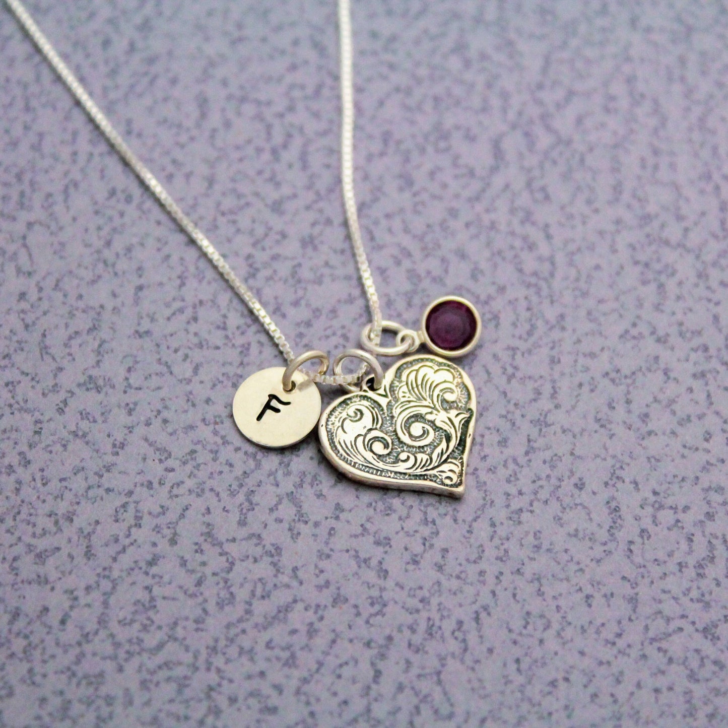 Initial and Decorative Heart Necklace in Sterling Silver Hand Stamped Personalized Jewelry, Birthstone Jewelry for Her, Cute Heart Necklace