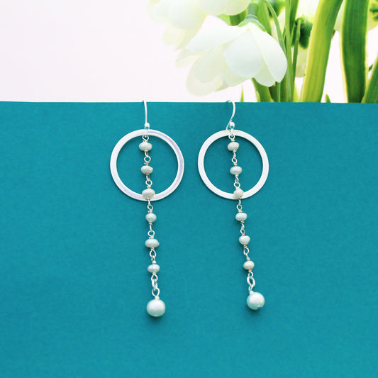 Classic Pearl Dangling Hoop Earrings, Freshwater Pearl Earrings, White Pearl Earrings, Silver Pearl Earrings, Wedding Earrings, Layered