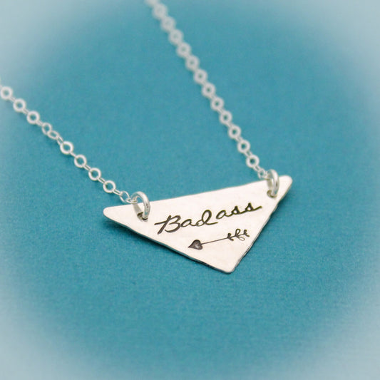 Badass Triangle Necklace in Sterling Silver, Hand Stamped Bar Necklace, Badass Bar Necklace, Curse Word Explicit Jewelry, Gift for Her