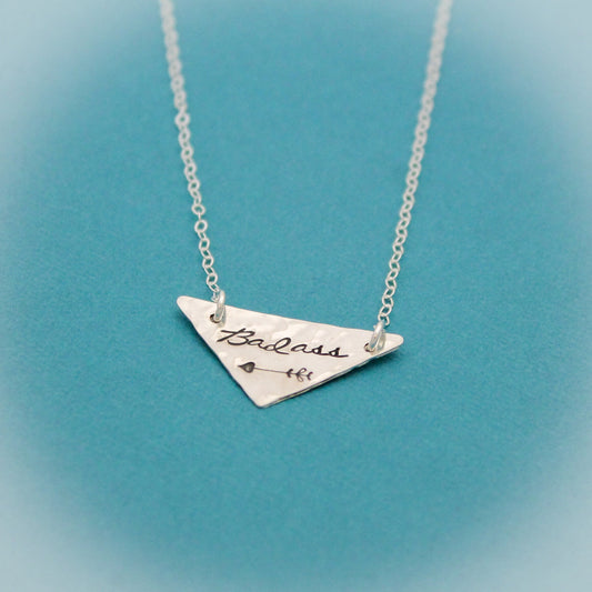 Badass Triangle Necklace in Sterling Silver, Hand Stamped Bar Necklace, Badass Bar Necklace, Curse Word Explicit Jewelry, Gift for Her