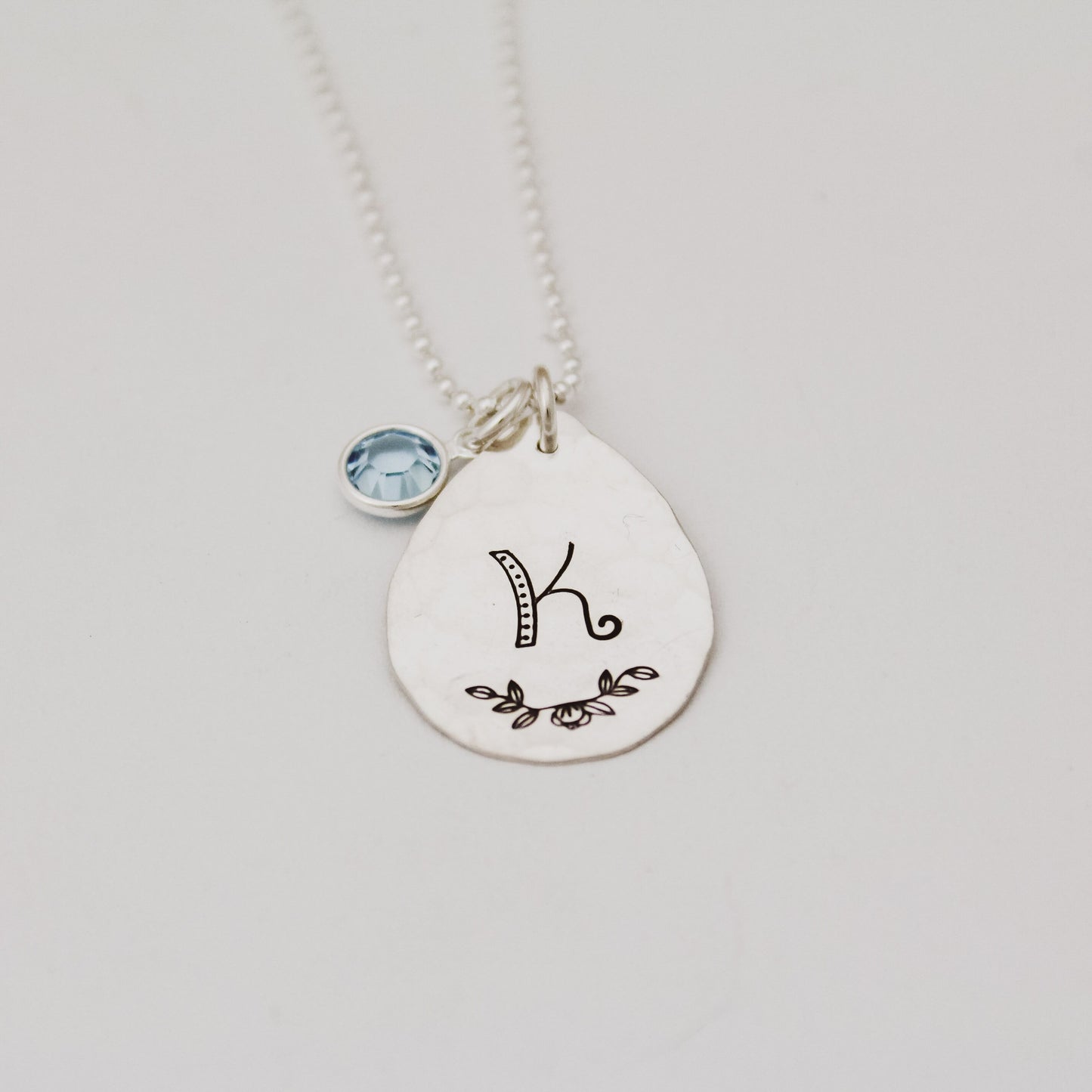 Sterling Silver Teardrop Initial Necklace with Birthstone Crystal Charm Bridesmaid Hand Stamped Jewelry, Unique Hand Stamped Initial Jewelry