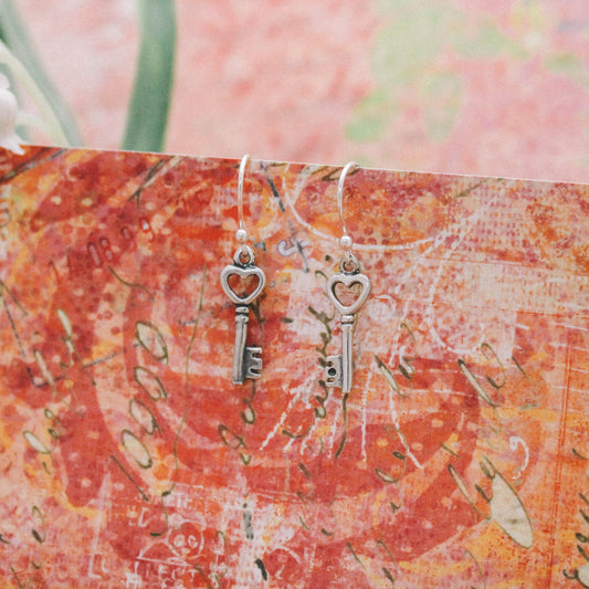 Cute Heart Key Earrings, Sterling Silver Key Heart Earrings, Valentine's Day Gift, Key Jewelry, Gifts for Her, Dainty Silver Earrings, Keys