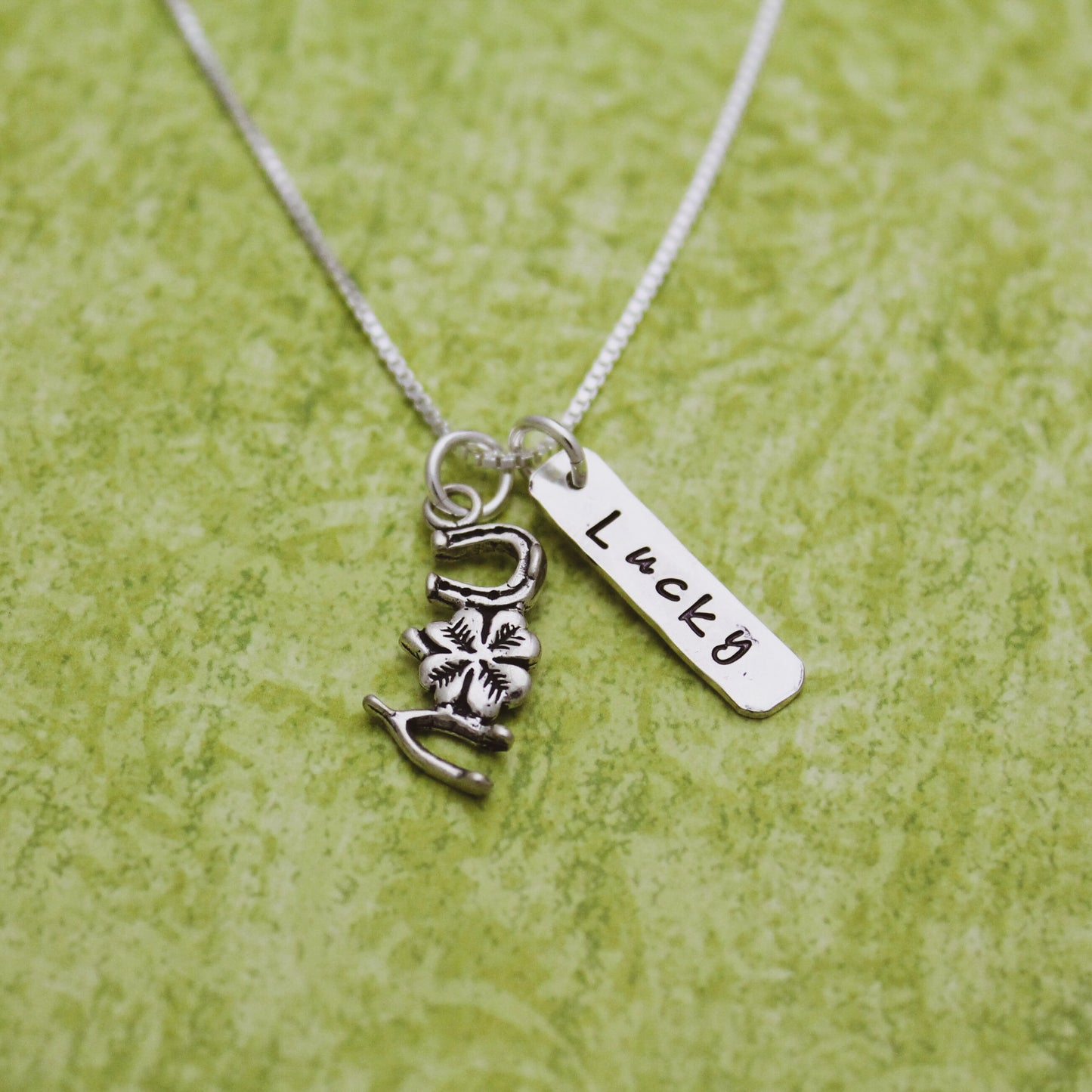 Lucky Charms Necklace, Horseshoe 4 Leaf Clover Wishbone Charm Necklace, Sterling Silver Lucky Charm Necklace, Hand Stamped Jewelry, St Paddy