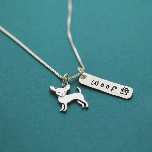 Chihuahua Necklace, Sterling Silver Chihuahua Dog Necklace, Chihuahua Lover Gift, New Pet Gift, Chihuahua Dog Jewelry, Hand Stamped Dog