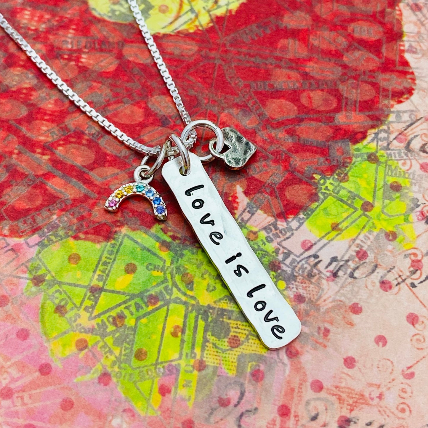 Love is Love Necklace, Cute Rainbow Pride Necklace, Valentine's Day Gift, LGBTQ+ Jewelry, Tiny Hand Stamped Charm Necklace, Rainbow Necklace