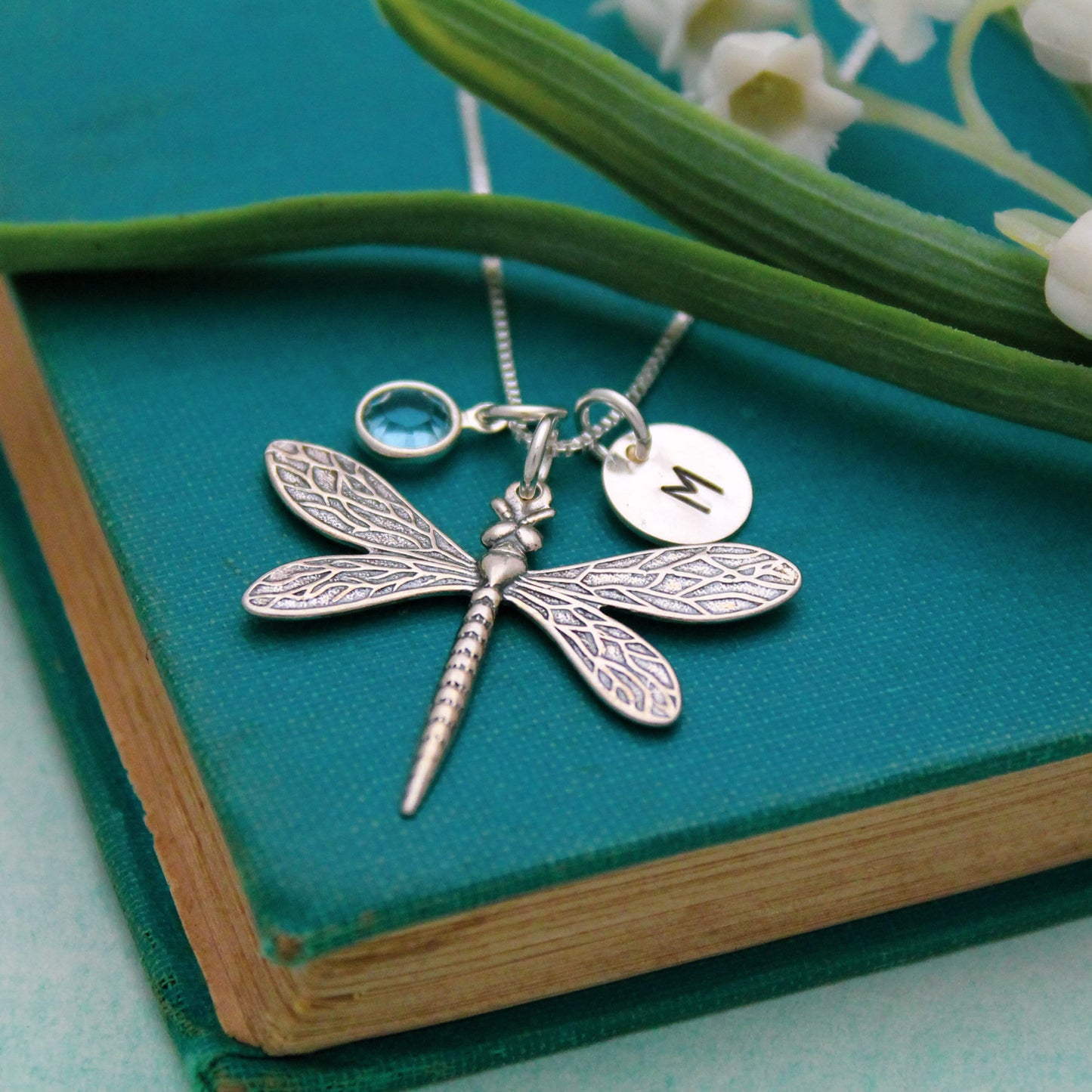 Dragonfly Necklace in Sterling Silver with Initial & Birthstone, Birthstone Birthday Gift, Personalized Gift, Initial March Birthstone Gift