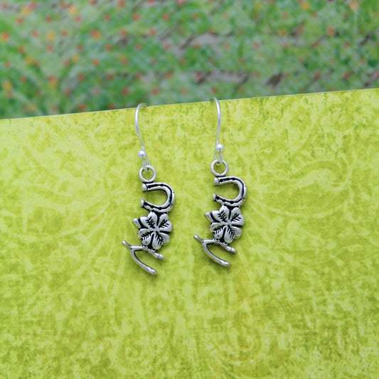 Lucky Charms Earrings, Horseshoe 4 Leaf Clover Wishbone Earrings, Sterling Silver Earrings, Cute St Patrick's Day Earrings, Gifts for Her