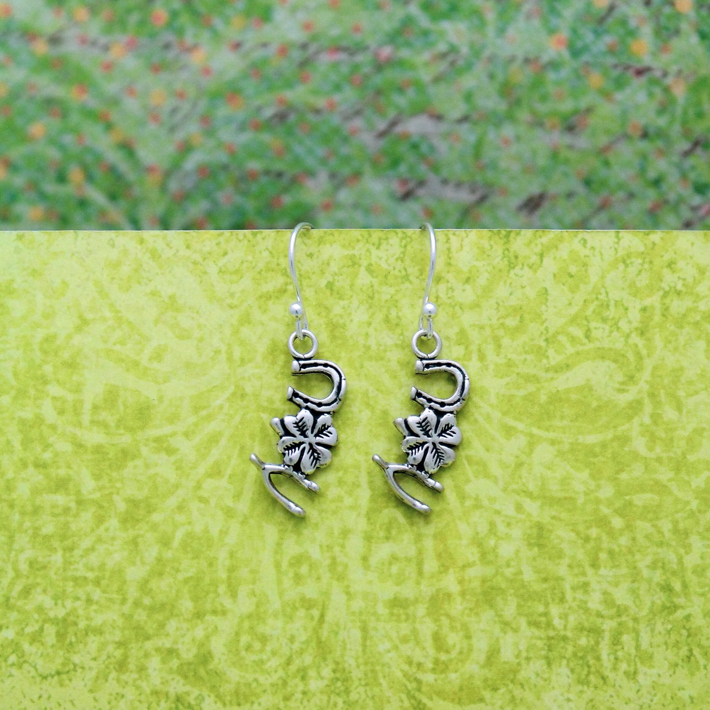 Lucky Charms Earrings, Horseshoe 4 Leaf Clover Wishbone Earrings, Sterling Silver Earrings, Cute St Patrick's Day Earrings, Gifts for Her