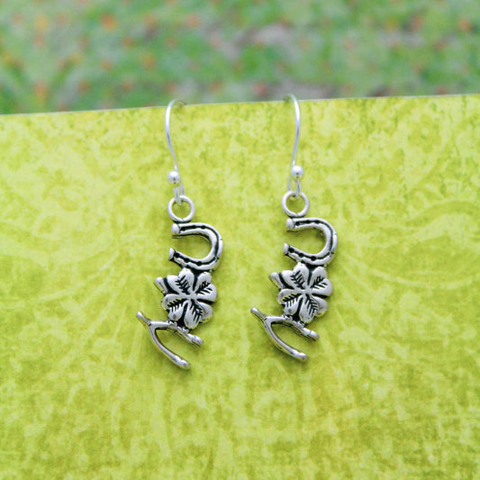 Lucky Charms Earrings, Horseshoe 4 Leaf Clover Wishbone Earrings, Sterling Silver Earrings, Cute St Patrick's Day Earrings, Gifts for Her