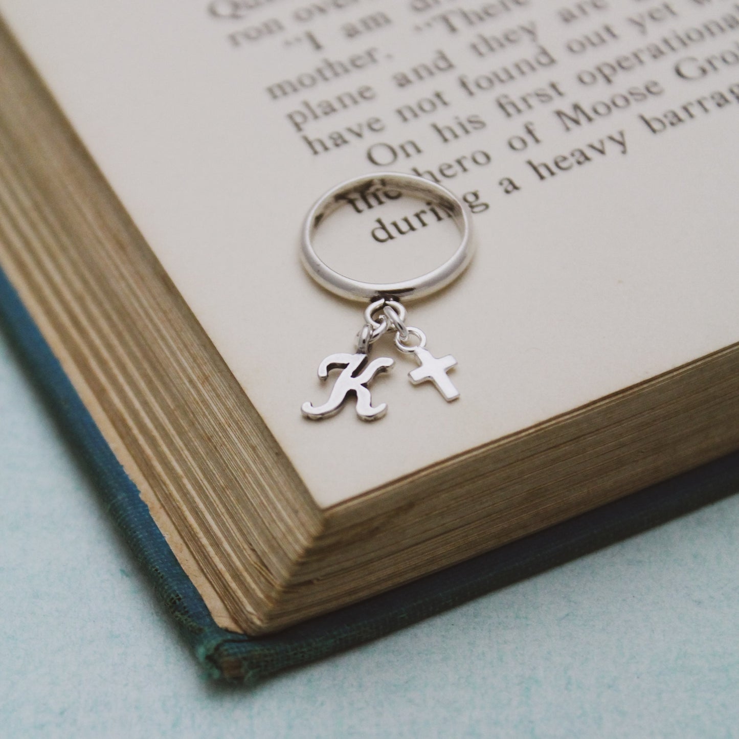 Cross & Initial Charm Ring, Sterling Silver Initial Ring, Dangle Ring, Personalized Jewelry, Initial Jewelry, Faith Charm Ring, Gift for Her