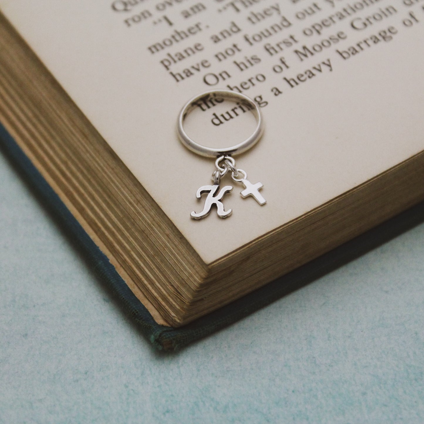 Cross & Initial Charm Ring, Sterling Silver Initial Ring, Dangle Ring, Personalized Jewelry, Initial Jewelry, Faith Charm Ring, Gift for Her