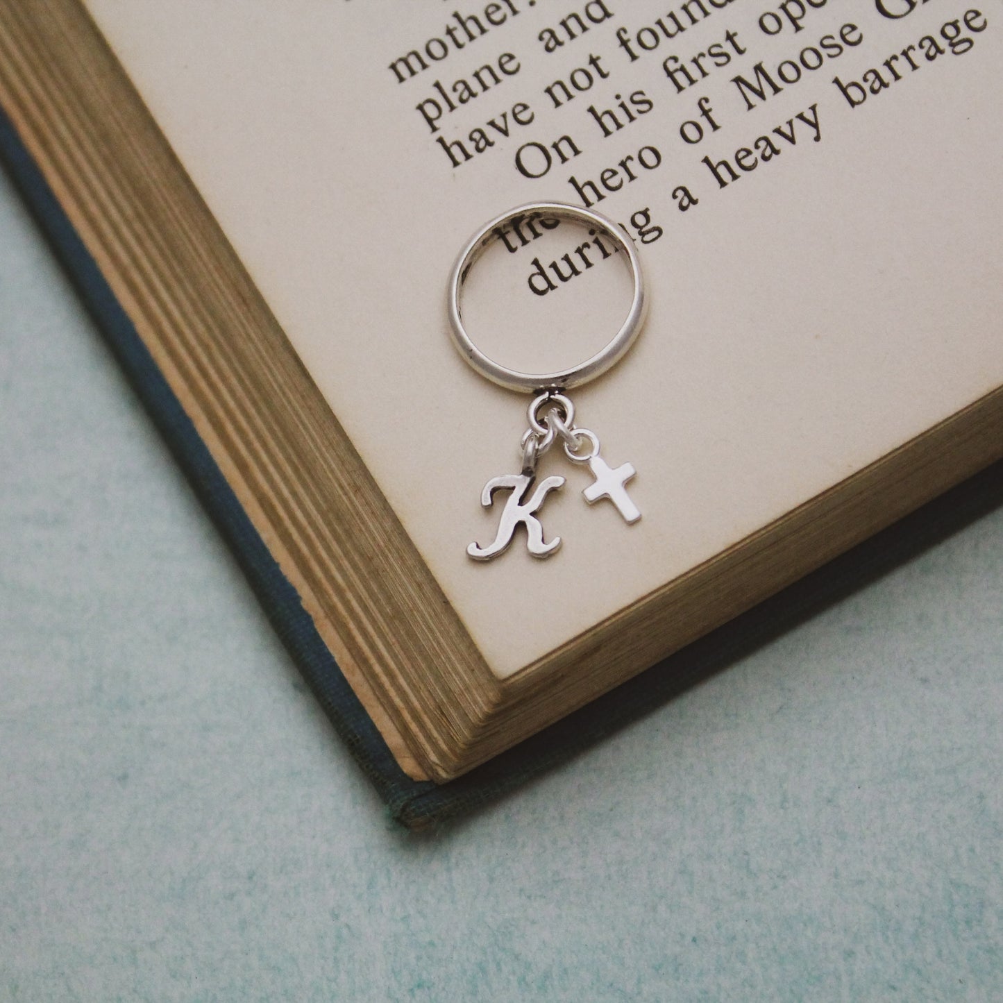 Cross & Initial Charm Ring, Sterling Silver Initial Ring, Dangle Ring, Personalized Jewelry, Initial Jewelry, Faith Charm Ring, Gift for Her