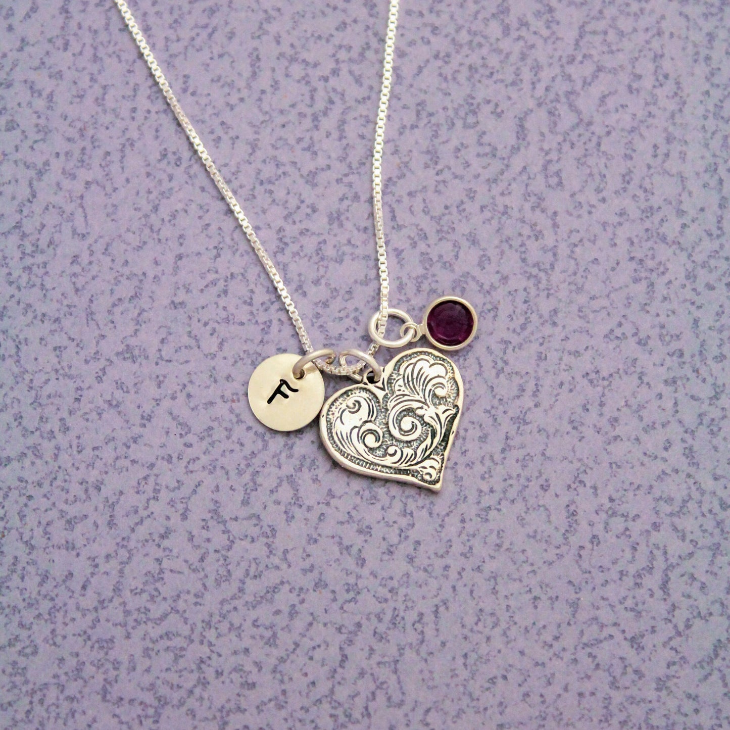 Initial and Decorative Heart Necklace in Sterling Silver Hand Stamped Personalized Jewelry, Birthstone Jewelry for Her, Cute Heart Necklace