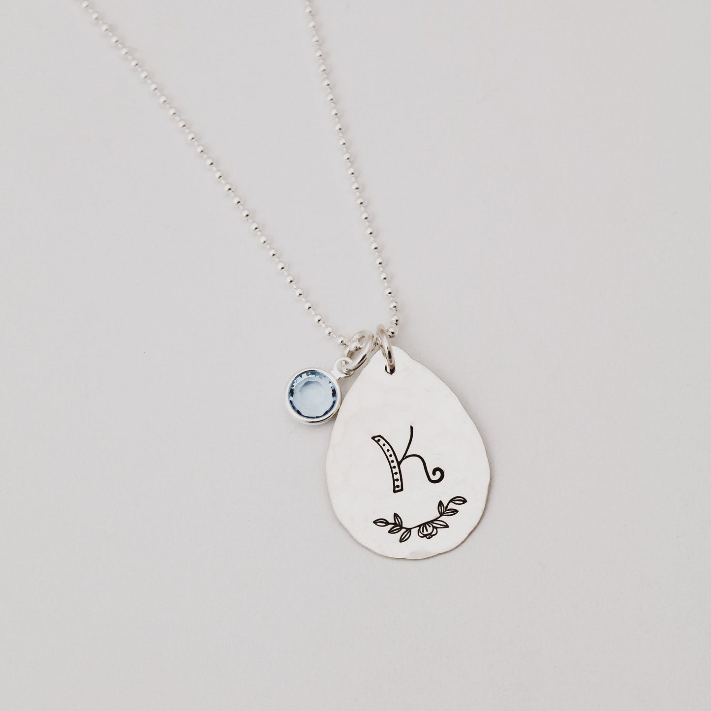 Sterling Silver Teardrop Initial Necklace with Birthstone Crystal Charm Bridesmaid Hand Stamped Jewelry, Unique Hand Stamped Initial Jewelry