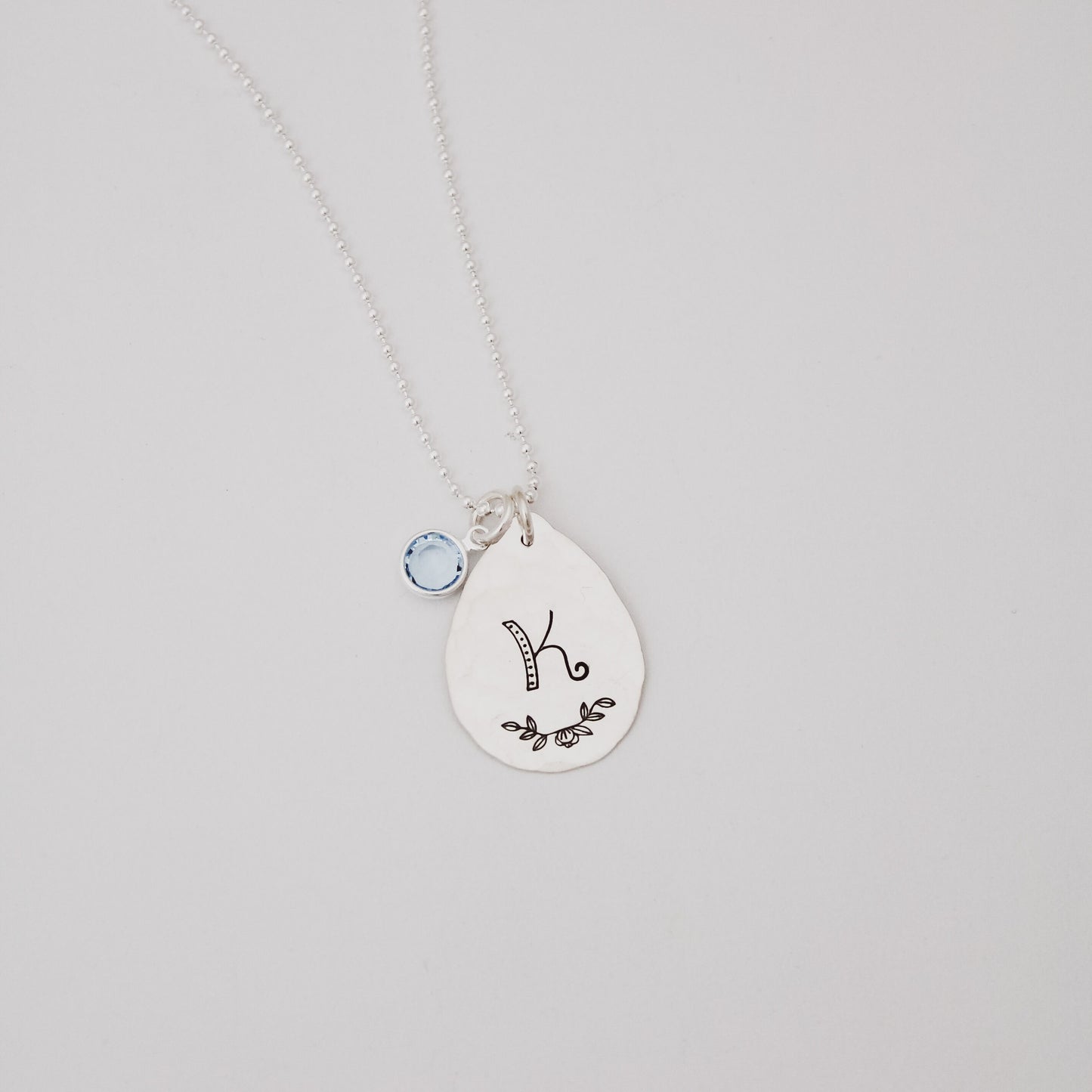 Sterling Silver Teardrop Initial Necklace with Birthstone Crystal Charm Bridesmaid Hand Stamped Jewelry, Unique Hand Stamped Initial Jewelry