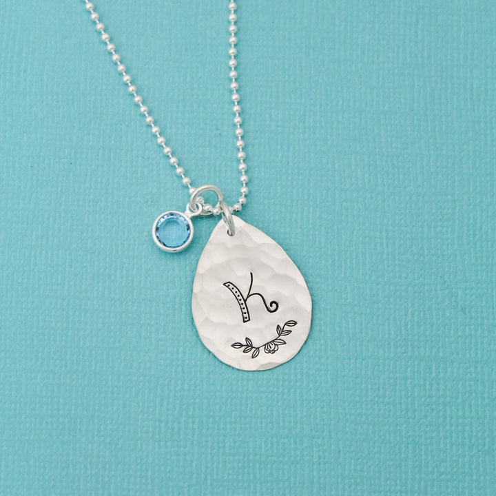 Sterling Silver Teardrop Initial Necklace with Birthstone Crystal Charm Bridesmaid Hand Stamped Jewelry, Unique Hand Stamped Initial Jewelry