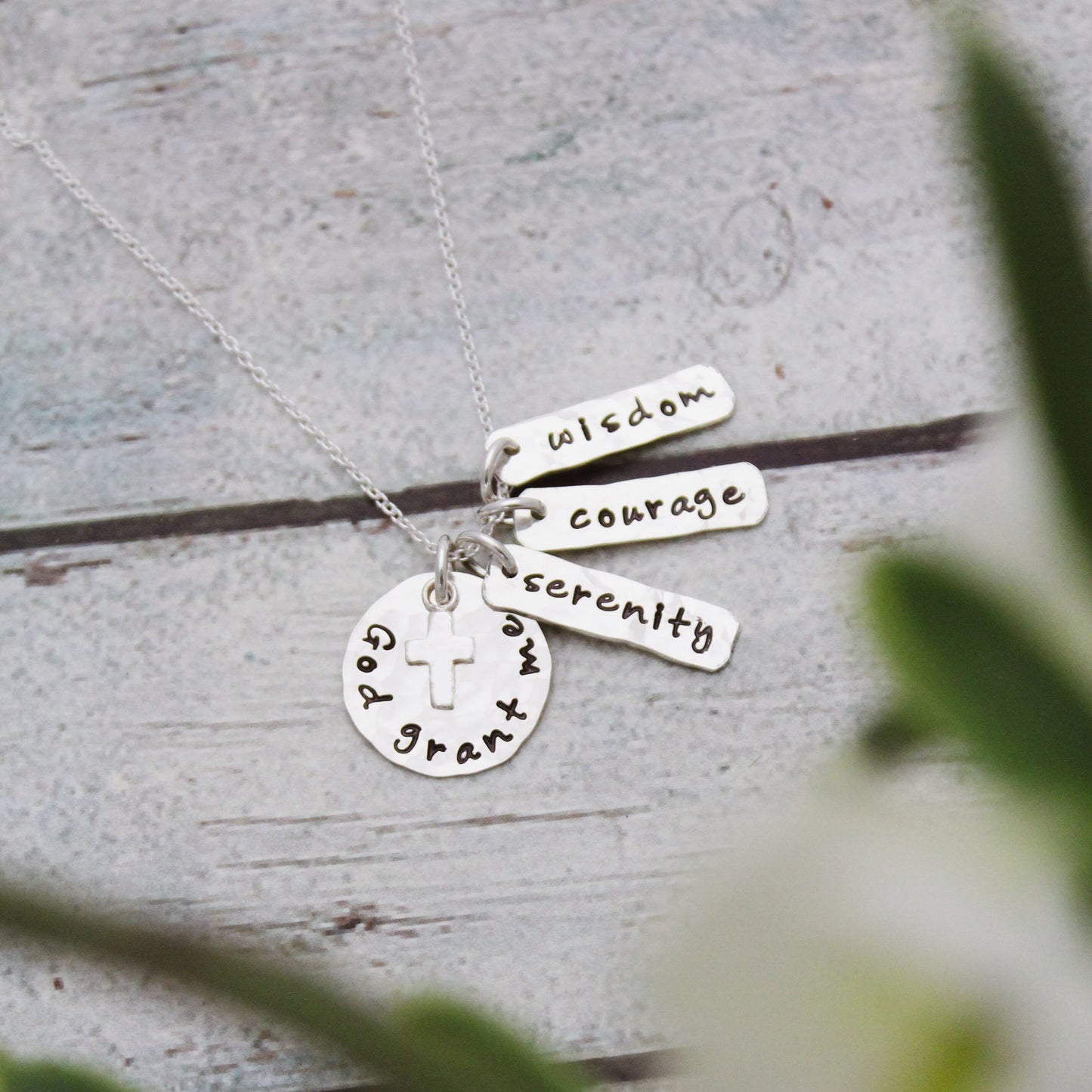 Serenity Prayer Pendant Necklace in Sterling Silver with Cross Charm, Personalized Hand Stamped Jewelry God Grant Me Wisdom Courage Serenity