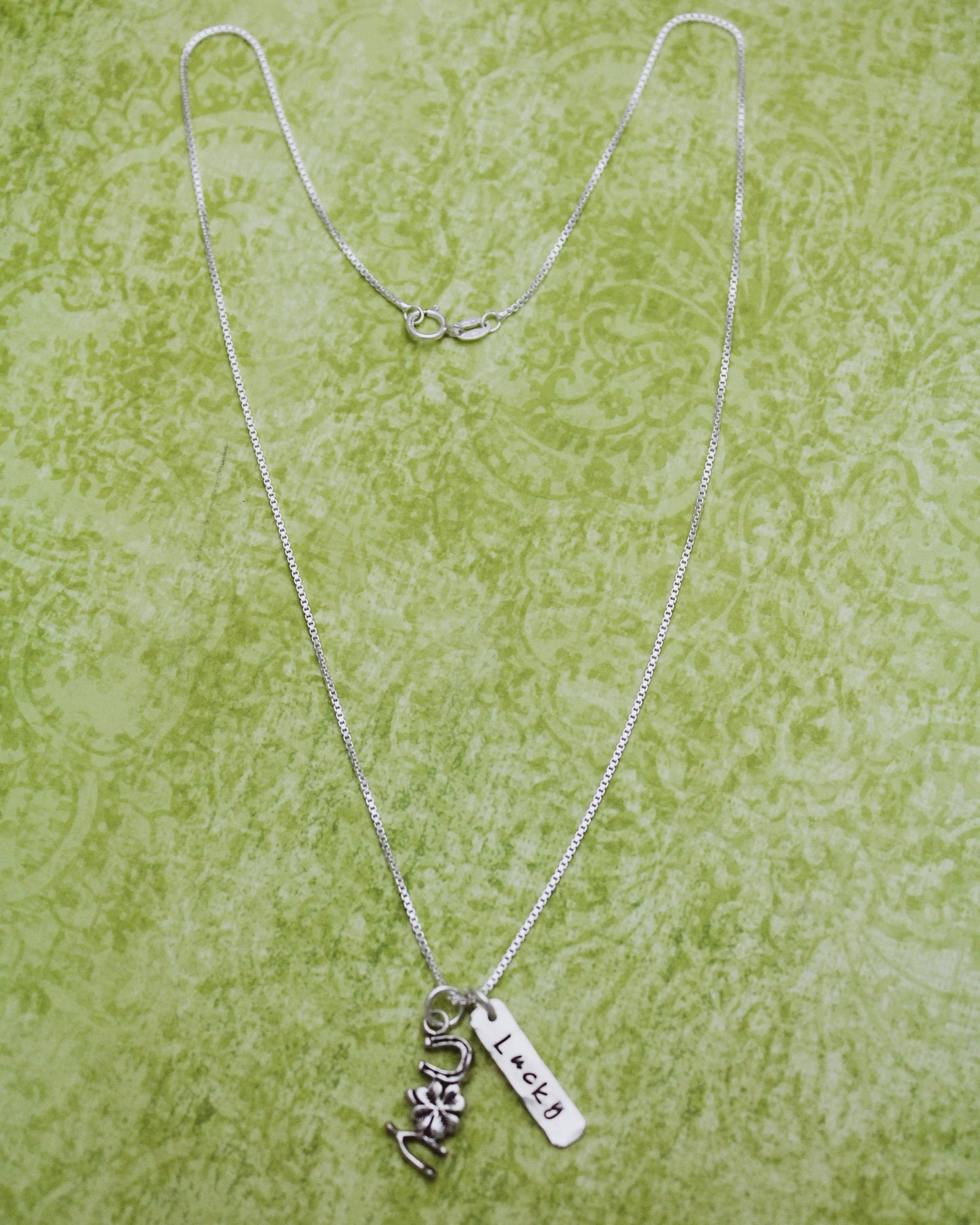 Lucky Charms Necklace, Horseshoe 4 Leaf Clover Wishbone Charm Necklace, Sterling Silver Lucky Charm Necklace, Hand Stamped Jewelry, St Paddy