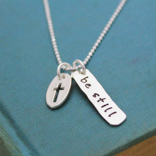 Be Still Cross Charm Necklace, Confirmation Cross Necklace, First Communion Cross Necklace, Personalized Hand Stamped Jewelry