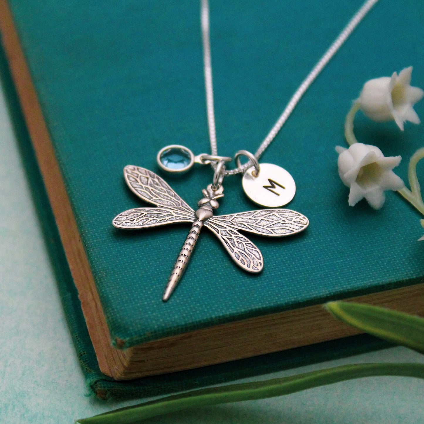 Dragonfly Necklace in Sterling Silver with Initial & Birthstone, Birthstone Birthday Gift, Personalized Gift, Initial March Birthstone Gift