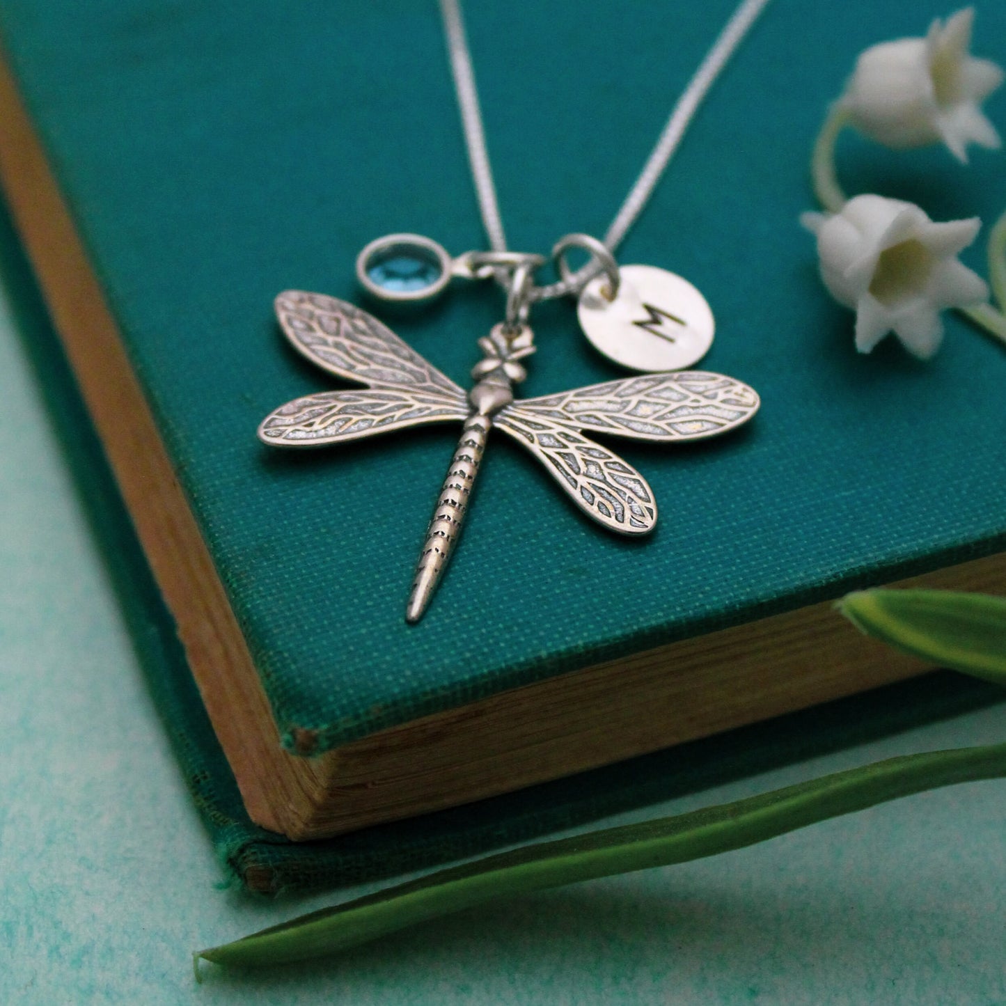 Dragonfly Necklace in Sterling Silver with Initial & Birthstone, Birthstone Birthday Gift, Personalized Gift, Initial March Birthstone Gift