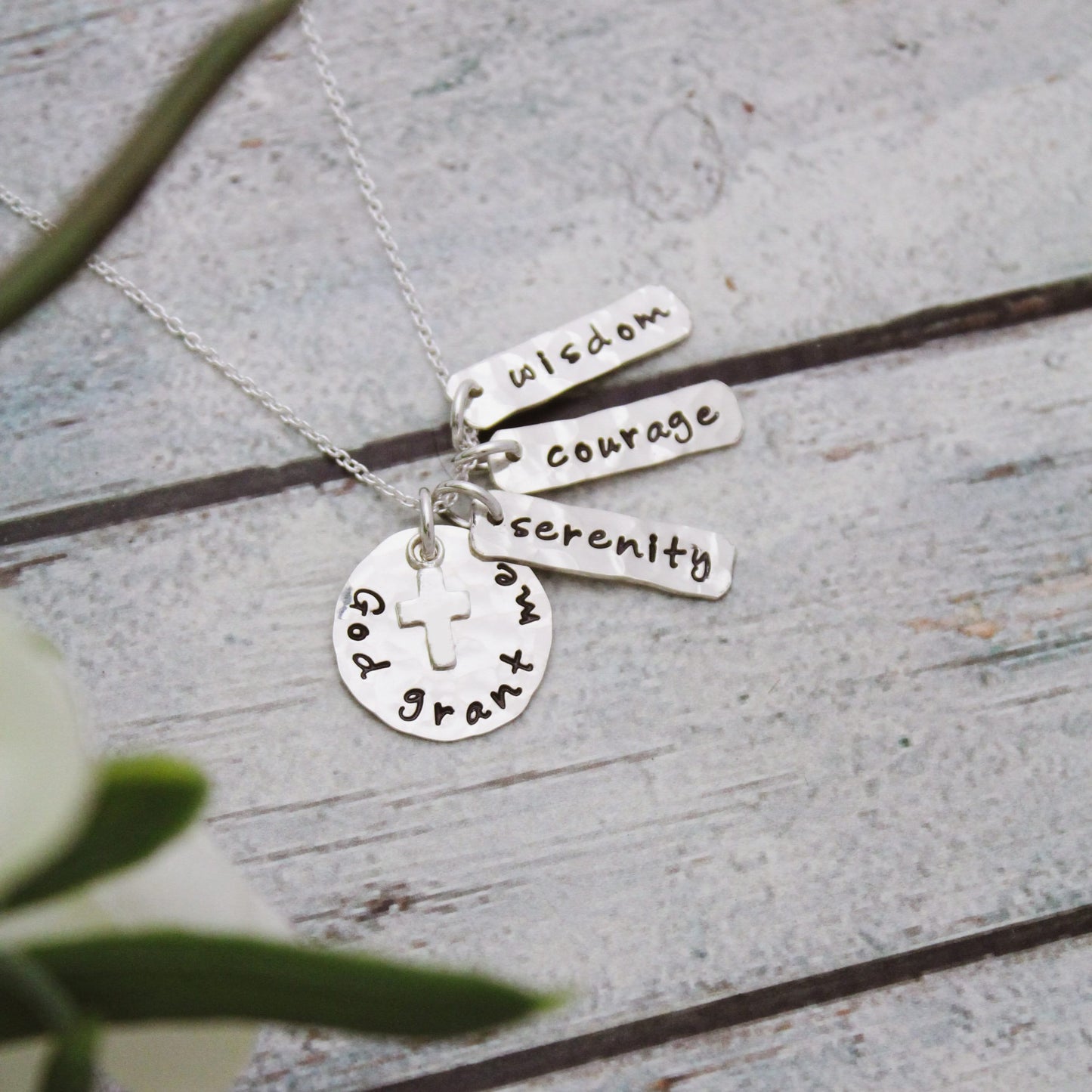 Serenity Prayer Pendant Necklace in Sterling Silver with Cross Charm, Personalized Hand Stamped Jewelry God Grant Me Wisdom Courage Serenity