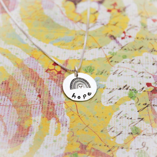 Hope Rainbow Necklace Personalized in Sterling Silver, Hand Stamped Jewelry Gift, Gifts for Her, Minimalist Jewelry, Hope Rainbow Jewelry