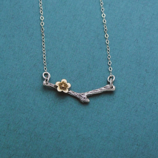 Cherry Blossom Flower Necklace, Flower Blossom Necklace, Bronze & Sterling Silver Flower Bar Necklace, Floral Bar Necklace, Boho Jewelry