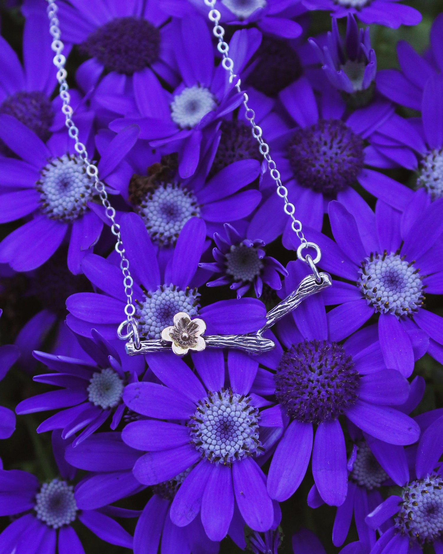 Cherry Blossom Flower Necklace, Flower Blossom Necklace, Bronze & Sterling Silver Flower Bar Necklace, Floral Bar Necklace, Boho Jewelry