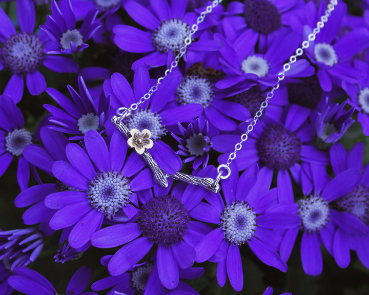 Cherry Blossom Flower Necklace, Flower Blossom Necklace, Bronze & Sterling Silver Flower Bar Necklace, Floral Bar Necklace, Boho Jewelry