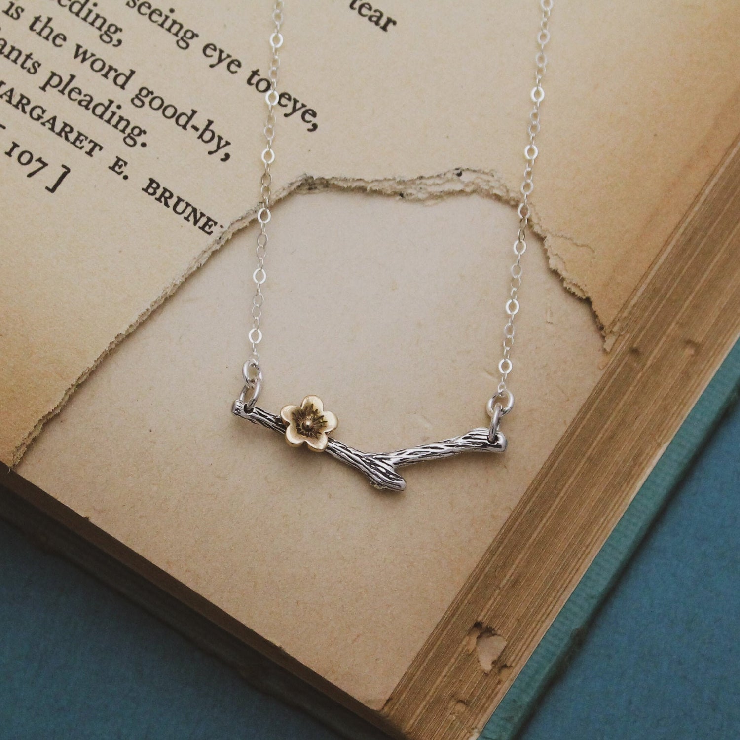 Cherry Blossom Flower Necklace, Flower Blossom Necklace, Bronze & Sterling Silver Flower Bar Necklace, Floral Bar Necklace, Boho Jewelry