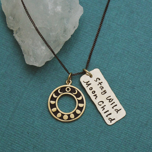Stay Wild Moon Child Moon Phases Necklace, 14K Gold & Bronze, Celestial Jewelry, Oxidized Black Chain, Black and Gold Necklace, Gift for Her