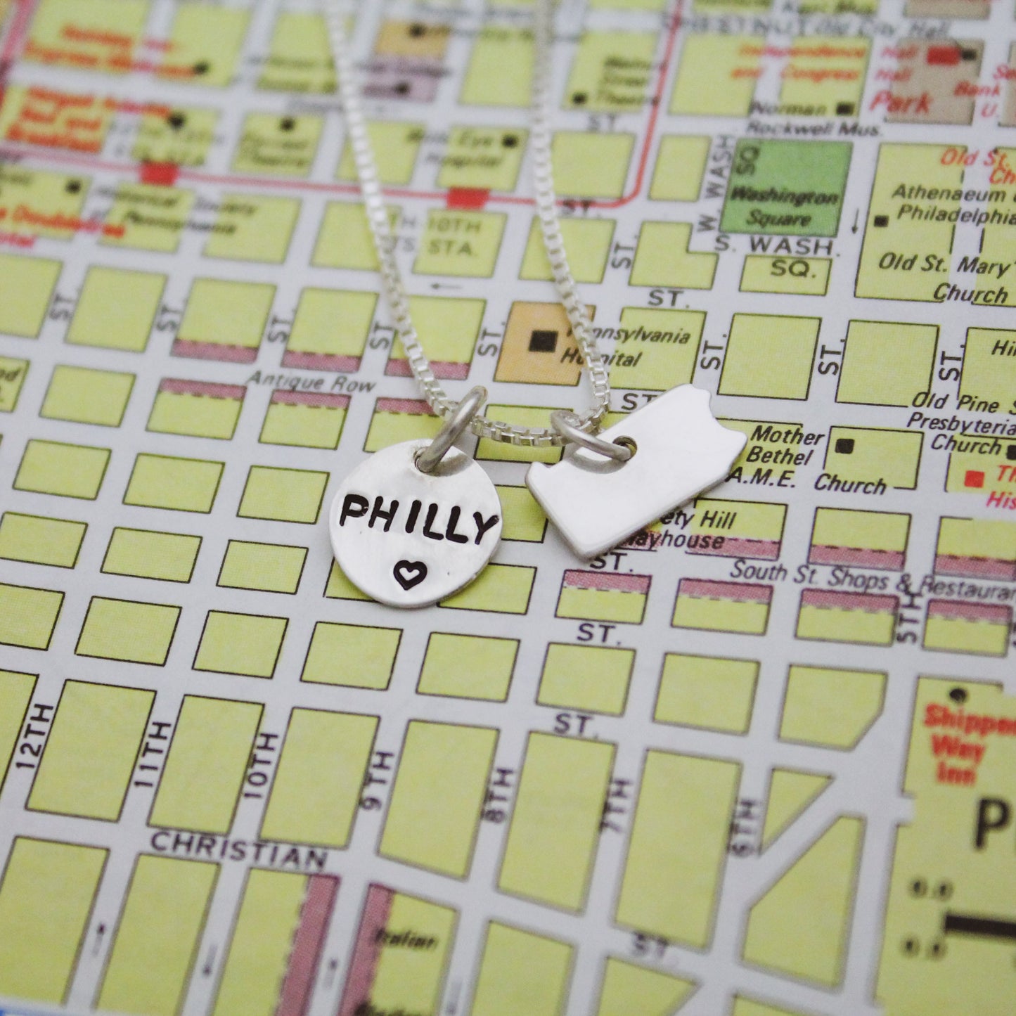 Tiny Philly PA State Home Necklace in Sterling Silver, Philadelphia Necklace