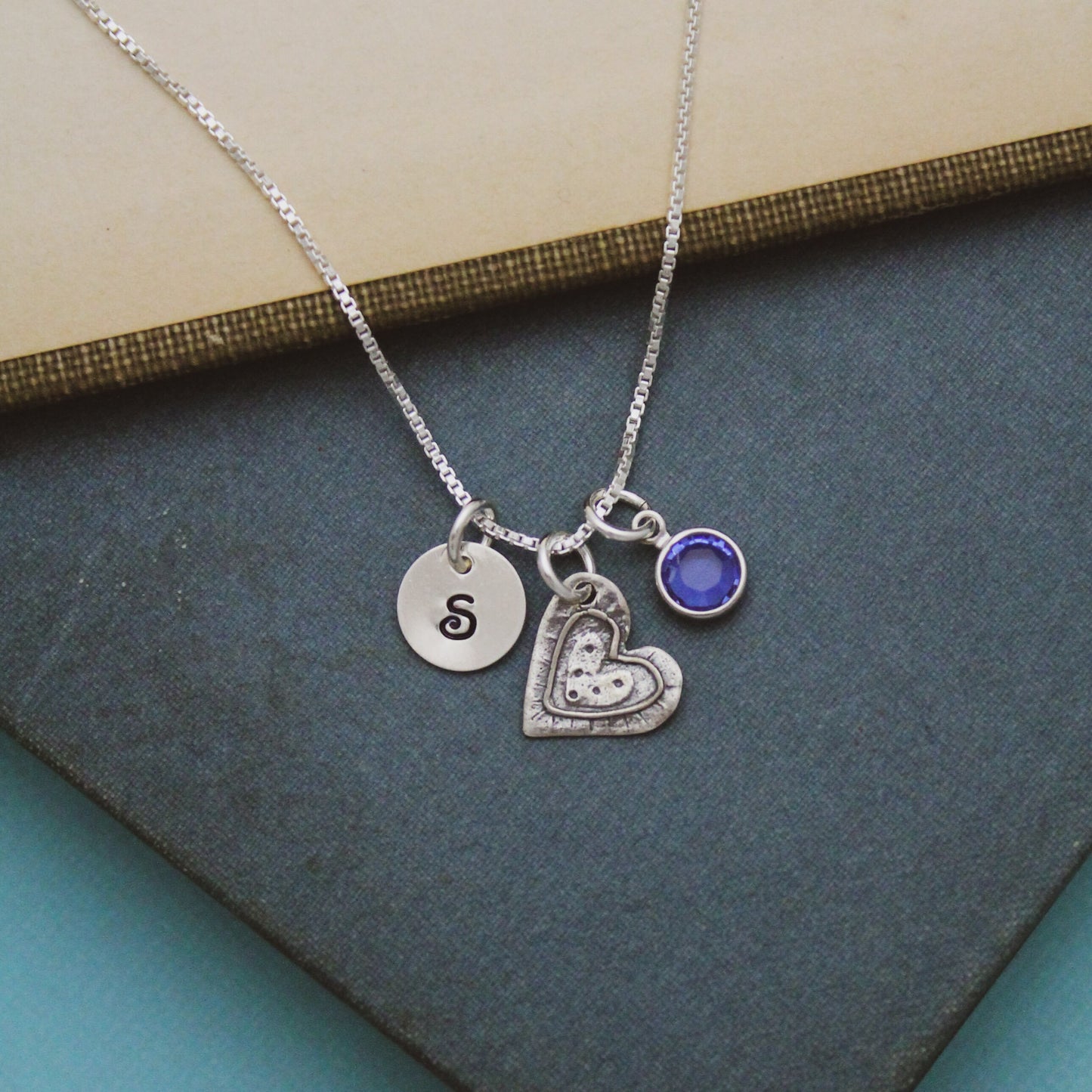Cute September Birthstone Initial Necklace, Sapphire Heart Jewelry, September Birthday Gift, September Birthstone Jewelry, Sterling Silver