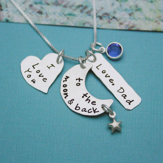 I Love You to the Moon and Back Personalized Necklace in Sterling Silver with Name and Birthstone Hand Stamped Jewelry