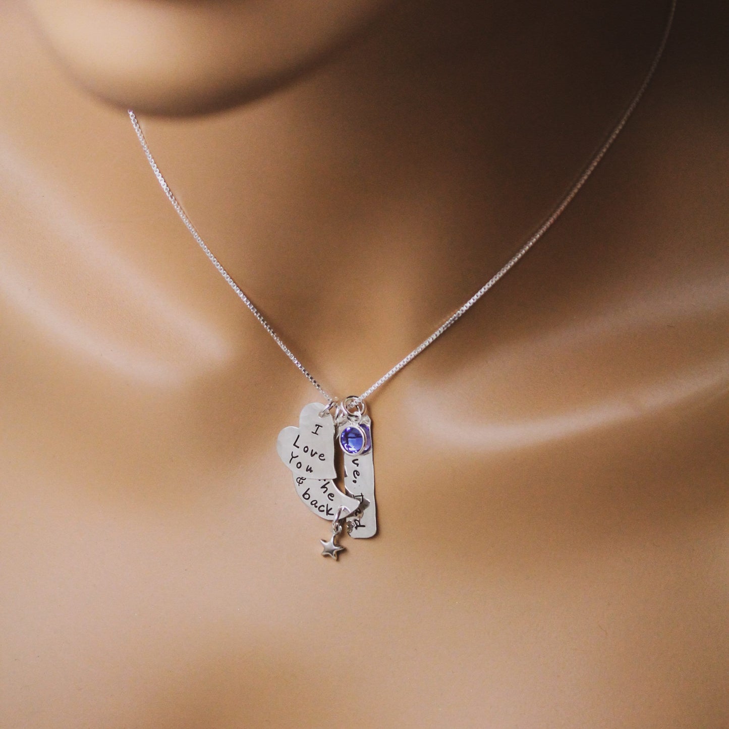 I Love You to the Moon and Back Personalized Necklace in Sterling Silver with Name and Birthstone Hand Stamped Jewelry