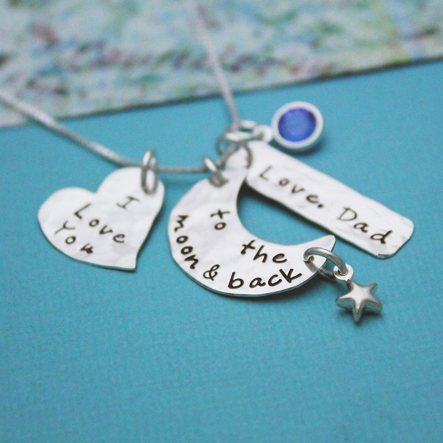 I Love You to the Moon and Back Personalized Necklace in Sterling Silver with Name and Birthstone Hand Stamped Jewelry