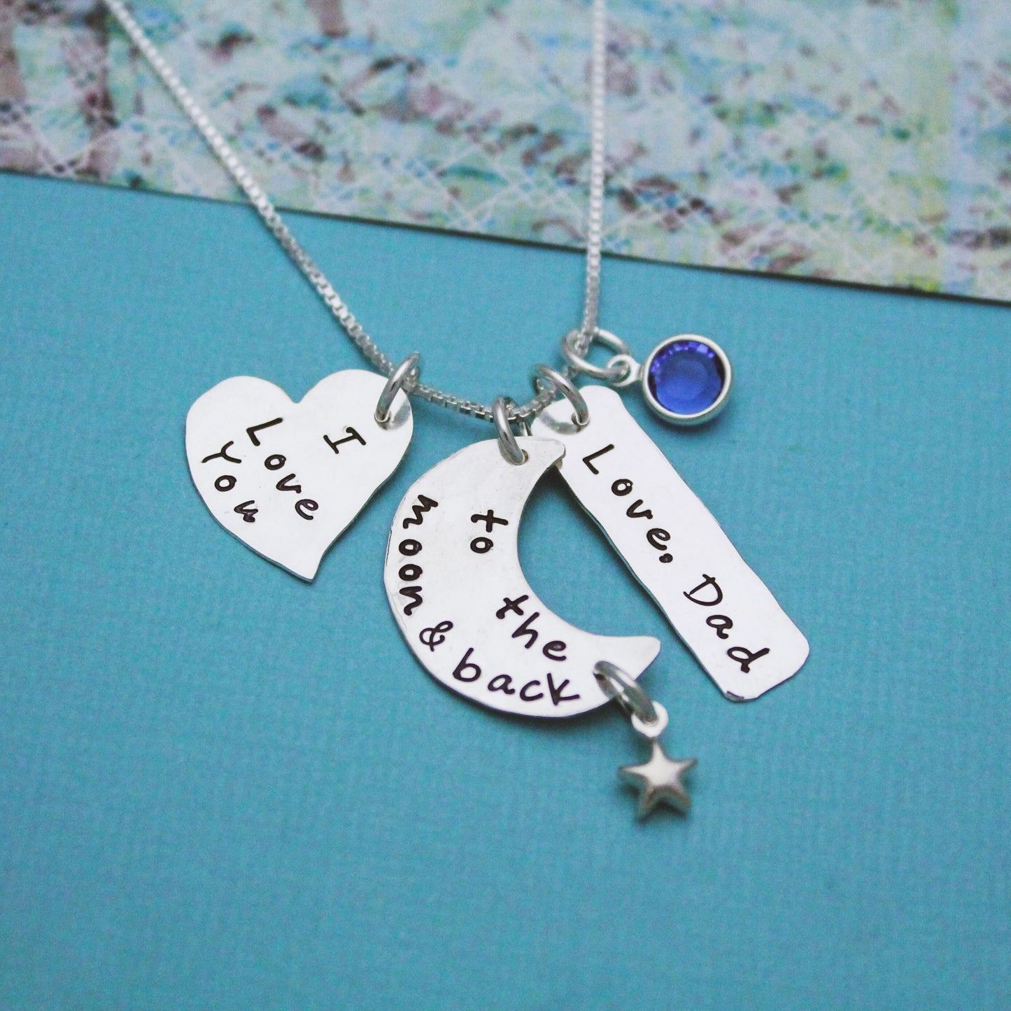 I Love You to the Moon and Back Personalized Necklace in Sterling Silver with Name and Birthstone Hand Stamped Jewelry